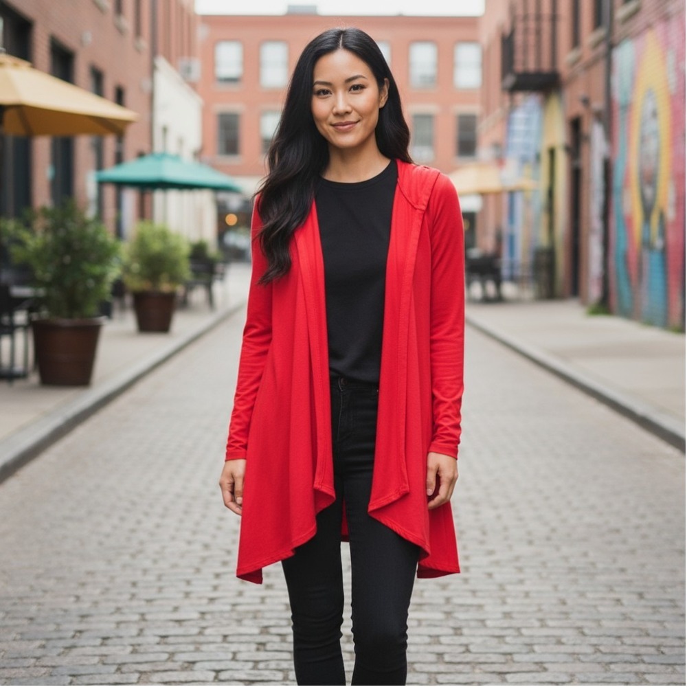 KICKEE Womens Large Fleece Hooded Open Front Knit Cardigan Flag Red‎ Pockets